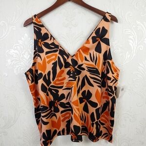 Old Navy V-Neck Sleeveless Cami Top Orange Black Tropical Floral XL